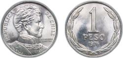 World Coins - Chile Republic 1976 So 1 Peso ("LIBERTADOR B. O'HIGGINS") Nickel brass (70% Copper; 15% Nickel; 15% Zinc) Casa de Moneda de Chile Mint (30000000) 5.06g UNC KM 208