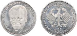 World Coins - Germany Federal Republic of Germany 1998 G 2 Deutsche Mark (Willy Brandt) Copper-nickel clad nickel Staatliche Münze Baden-Württemberg Mint (70000) 7g UNC KM 183 J 459 Schön 182