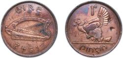 World Coins - Ireland Republic 1942 1 Pingin Bronze (17520000) 9.36g XF Damage KM 11 Sp 6643