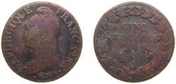 World Coins - France First Republic AN 7 (1798) A 5 Centimes Copper Paris Mint 10g VF KM 640