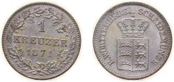 World Coins - Germany  Kingdom of Württemberg German states 1871 1 Kreuzer - Karl I Billon (.166 silver) 0.9g UNC KM 612 AKS 116 AKS 128 Jäg 1 Wu 82