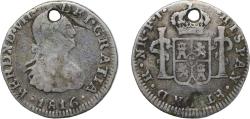 World Coins - Colombia Spanish colony 1816 NR JF ½ Real - Fernando VII Silver (.896) Santa Fe de Nuevo Reino 1.69g F Holed  KM 69 Hernández 71-74