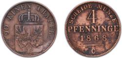 World Coins - Germany Kingdom of Prussia German states 1868 C 4 Pfennigs - William I Copper 5.92g XF AKS 105 Old/Mue 2 423, 430 KM 483 Neum 16 Schr 148-61