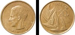 World Coins - Belgium 1993 20 Francs - Baudouin I (Dutch text) Nickel brass (92% copper, 6% nickel, 2% aluminium) Royal Mint of Belgium (7500000) 8.42g XF  KM 160 LA BFM-174 Schön 133