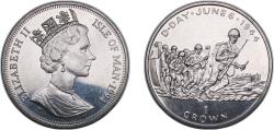 World Coins - Isle of Man British dependency 1994 PM 1 Crown - Elizabeth II (D-Day - American troops landing) Copper-nickel Pobjoy Mint (30000) 28.28g PF  KM696