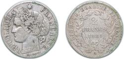 World Coins - France Third Republic 1881 A 2 Francs Silver (.835) (1014000) 10g VF KM 817 Gad 530 F 265
