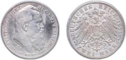 World Coins - Germany Kingdom of Bavaria German states 1911 D 2 Marks - Otto (90th Birthday of Prince Regent Luitpold) Silver (.900) (640000) 11.111g XF Cleaned KM 997 J 48