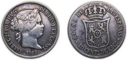 World Coins - Spain Kingdom 1865 40 Centimos de Escudo - Isabel II Silver (.810) Madrid Mint 5.04g VF KM 628.2