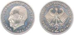 World Coins - Germany Federal Republic of Germany 1974 J 2 Deutsche Mark (Konrad Adenauer) Copper-nickel clad nickel (Cladding: 75% Copper, 25% Nickel; Core: 100% Nickel) Hamburgische Münze Min