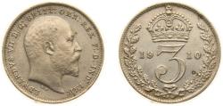 World Coins - Great Britain United Kingdom 1910 3 Pence - Edward VII Silver (.925) (4565000) 1.41g AU KM 797 Sp 3984 Sp 3987