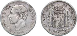 World Coins - Spain Kingdom 1883 *18-83 MSM 2 Pesetas - Alfonso XII Silver (.835) Madrid Mint (3318205) 9.83g VF KM 678 Cal 46