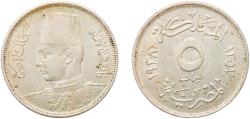 World Coins - Egypt AH 1357 (1938) 5 Milliemes - Farouk Copper-nickel (75% Copper, 25% Nickel) Bombay Mint (7000000) 3.96g AU  KM 363 Schön 68 MHC 252