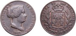 World Coins - Spain Kingdom 1861 25 Centimos de Real - Isabel II Copper Segovia Mint 9g VF KM 615.2 Cal 596 Aureo 194