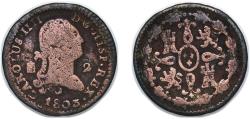 World Coins - Spain Kingdom 1803 2 Maravedis - Charles IV Copper Segovia Mint 2.25g VF KM 426