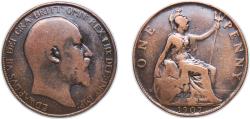 World Coins - Great Britain United Kingdom 1907 1 Penny - Edward VII Bronze (47322200) 8.93g VF KM 794 Sp 3990/A