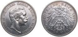 World Coins - Germany Kingdom of Prussia Second Empire 1907 A 5 Mark - William II Silver (.900) Berlin Mint (2103338) 27.79g AU KM 523 AKS 129 J 104 Dav GT III 789