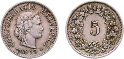 World Coins - Switzerland Federal State 1919 B 5 Rappen (Libertas; copper-nickel) Copper-nickel (75% copper, 25% nickel, non-magnetic) Bern Mint (6000000) 2.02g XF  HMZ 2 1212 Divo/Tob19 319 KM