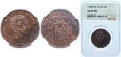 World Coins - Spain Kingdom 1879 OM 10 Centimos - Alfonso XII Bronze Barcelona Mint (54994000) 10g NGC AU 58 KM 675 Cal 66