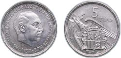 World Coins - Spain 1957 *73 5 Pesetas - Francisco Franco (Copper-nickel) Copper-nickel (78000000) 5.67g UNC KM 786 Cal 49 Schön 34