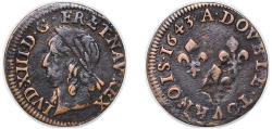 World Coins - France Kingdom 1643 Double Tournois - Louis XIII (French text) Copper Corbeil Mint 2.5g VF CGKL 514 Ciani 1724 Dy royales 1377