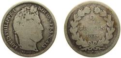 World Coins - France Kingdom 1834 I 2 Francs -  Louis Philippe I Silver (.900) Limoges Mint (34165) 9.4g VF F 260 Gad 520 KM 743.6