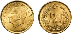 World Coins - Turkey Republic 1989 100 Lira Brass (70% Copper, 30% Zinc) Turkish State Mint (233750000) 4.12g UNC  KM 988 Schön 514