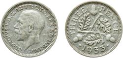 World Coins - Great Britain United Kingdom Kingdom 1933 3 Pence - George V (4th issue) Silver (.500) Royal Mint (Tower Hill) (5578500) 1.41g XF  KM 831 Sp 4042