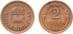 World Coins - Hungary 1935 BP 2 Fillér Bronze Hungarian mint (10000000) 3.29g AU  KM 506 ÉH 1524 H 2253 Adamo P2