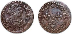 World Coins - France Kingdom 1640 E Double Tournois - Louis XIII (Tours; 19th type) Copper 2.45g VF CGKL 476 Dy royales 1373