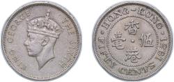 World Coins - China Hong Kong British colony 1951 50 Cents - George VI Copper-nickel Royal Mint (Tower Hill) (15000000) 5.8g XF KM 27 Schön 18