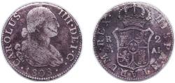 World Coins - Spain Kingdom 1808 M AI 2 Reales - Carlos IV Silver (.806) Madrid Mint 6g VF KM 430.1