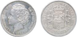 World Coins - Spain Kingdom 1894 *18-94 PGV 2 Pesetas - Alfonso XIII (2nd portrait) Silver (.835) (279000) 9.96g AU KM 704 Cal 33