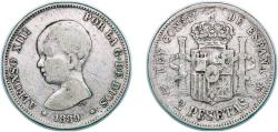 World Coins - Spain Kingdom 1889 *??-89 MPM 2 Pesetas - Alfonso XIII (1st portrait) Silver (.835) Madrid Mint (559000) 9.73g VF KM 692 Cal 29