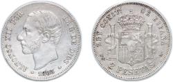 World Coins - Spain Kingdom 1883 *18-83 MSM 2 Pesetas - Alfonso XII Silver (.835) (3318205) 9.9g VF KM 678 Cal 46