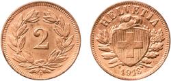 World Coins - Switzerland Federal State 1918 B 2 Rappen (Wreath; bronze; light type) Bronze (95% copper, 4% tin, 1% zinc) Bern Mint (1000000) 2.5g AU  HMZ 2 1213 Divo/Tob19 323 KM 4 Schön 16 Y