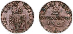 World Coins - Germany Kingdom of Prussia German states 1847 A 2 Pfennigs - Frederick William IV Copper Berlin Mint 2.94g AU AKS 91 Old/Mue 2 336, 349 Jaeg 9 Pr 51 KM 452, 452a Neum 37, 50