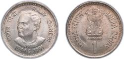 World Coins - India 1991 1 Rupee (Rajiv Gandhi) Copper-nickel Mumbai Mint 6g UNC KM 89