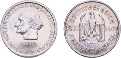 World Coins - Germany Weimar Republic 1931 A 3 Reichsmark (Freiherr vom Stein) Silver (.500) Berlin Mint (150000) 15.16g AU  KM 73 J 348
