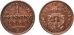 World Coins - Germany Kingdom of Prussia German states 1868 B 1 Pfenning - Wilhelm I Copper Hanover Mint 1.52g XF  AKS 108 Old/Mue 2 426, 429, 433 KM 480 Kahnt/Schön 84 Neum 19