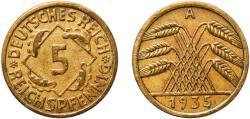 World Coins - Germany Weimar Republic 1935 A 5 Reichspfennig Aluminium bronze Berlin Mint (19178219) 2.5g XF  KM 39 AKS 49 J 316 Schön 39