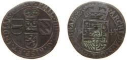 World Coins - Low countries feudal Duchy of Brabant Spanish possession 1643 1 Liard - Philip IV Copper Antwerp Mint 3.84g VF GH 336 KM 62