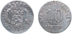 World Coins - Germany City of Zweibrücken 1919 10 Pfennig - Zweibrücken Iron Nuremberg Mint 2.41g XF Funck 630.2 Men05 28182.3 Men18 35439.3