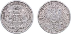 World Coins - Germany Free Hanseatic city of Hamburg German states 1901 J 2 Mark Silver (.900) (482408) 11.111g XF KM 612 AKS 48 J 63