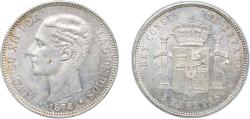World Coins - Spain Kingdom 1878 *18-78 DEM 5 Pesetas - Alfonso XII (2nd portrait) Silver (.900) (5000000) 25.1g UNC KM 676 Cal 28