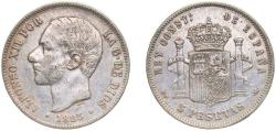 World Coins - Spain Kingdom 1885 *18-87 MPM 5 Pesetas - Alfonso XII (3rd portrait) Silver (.900) Madrid Mint 25g VF KM 688