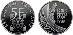 World Coins - France   Fifth Republic 1989  5 Francs Eiffel Tower