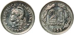 World Coins - Argentina Federal Republic 1958 20 Centavos Nickel plated steel Buenos Aires Mint (52710000) 4.05g UNC  KM 55 CJ 263-267 Schön 55