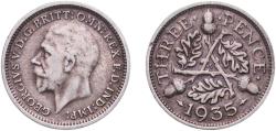 World Coins - Great Britain United Kingdom Kingdom 1935 3 Pence - George V (4th issue) Silver (.500) Royal Mint (Tower Hill) (7027600) 1.39g XF  KM 831 Sp 4042
