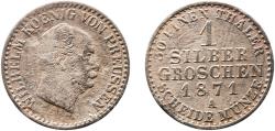 World Coins - Germany Kingdom of Prussia 1871 A 1 Silbergroschen - William I Billon (.220 silver) Berlin Mint 1.92g VF  AKS 103 Olding FR 415, 418, 421 Jaeg 9 Pr 89 KM 485 Neum 14