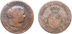World Coins - Spain Kingdom 1867 OM 2½ Centimos de Escudo - Isabel II Bronze Jubia Mint 5.9g VF KM 634 Cal 638